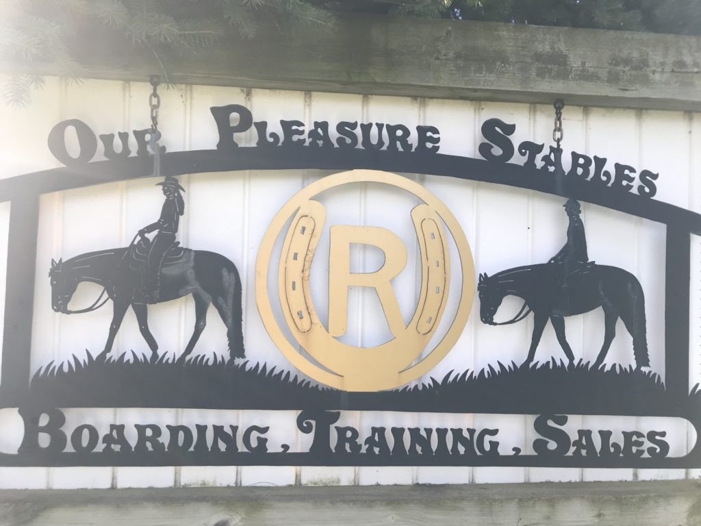 Hanging sign of our pleasure stables